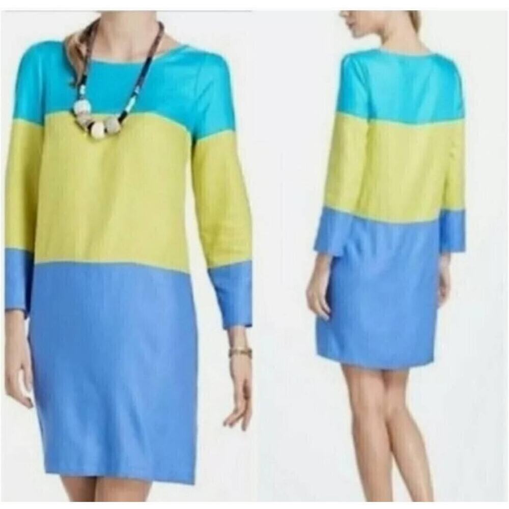 Anthropologie Blue Yellow Turquoise Blocked Mini Shift Dress 4 summer vibes